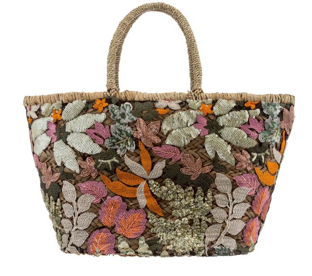 Large Multi Embroidery Sequin Khaki interior Basket Bag 
