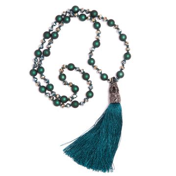 Green Tassel Necklace with Green/Multi Beading