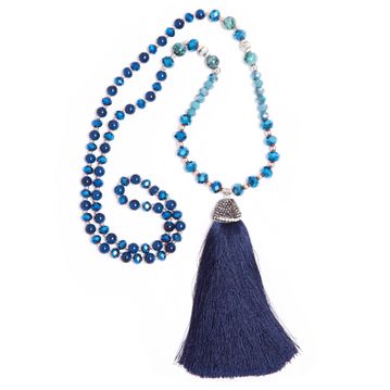 Navy Tassel with Blue and Green Bead Necklace